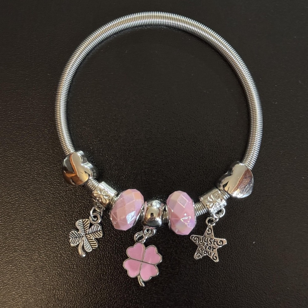 D'Bello Pink Charm Beaded Bracelet Women Clover Star Heart Luck Love Jewelry NEW